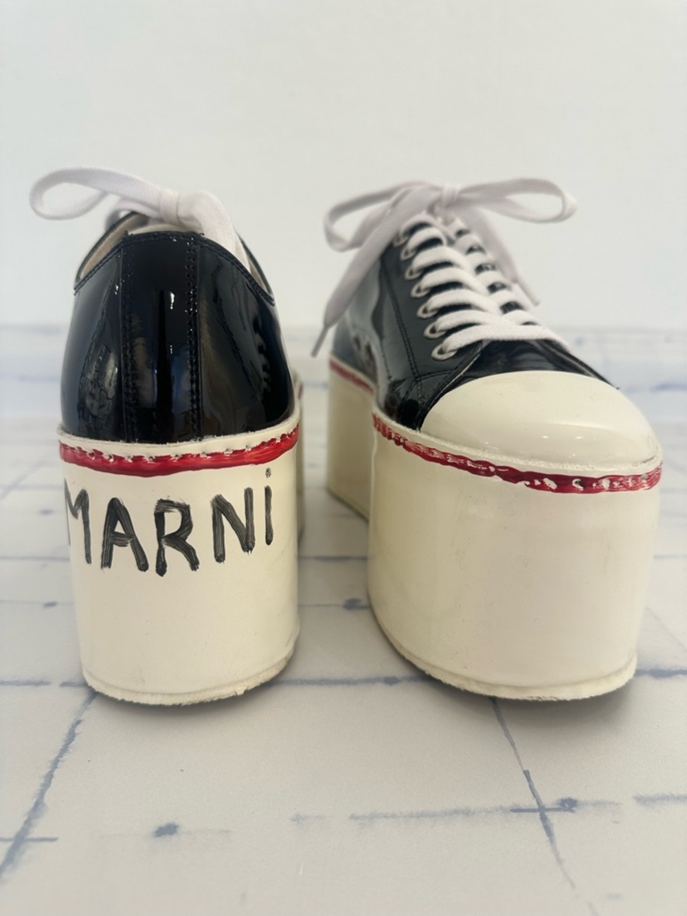 Marni Platform Lace-Up Sneakers in Black and White with Red Stripe - Picture 2 of 5